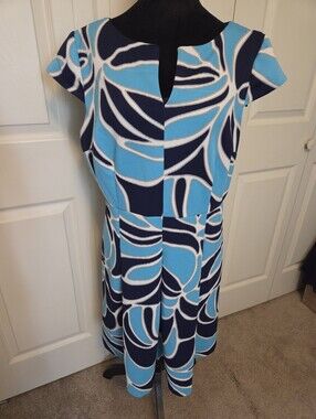 Sandra Darren Blue & Navy Abstract Fit-and-Flare Dress TEXTURED Design Size 16